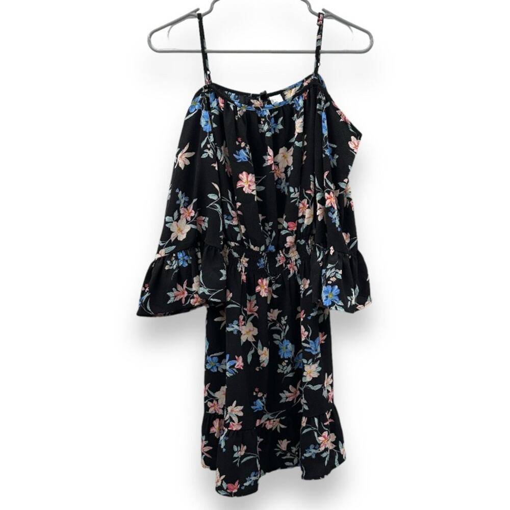 H&M Divided‎ Black Multicolor Floral Cold Shoulder Long Bell Sleeve Mini Dress 4